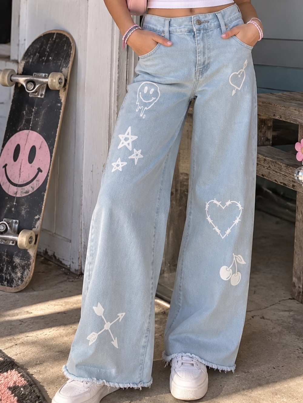 YMI Girls Size 16 Y2K Doodle Graphic Wide Leg Jeans